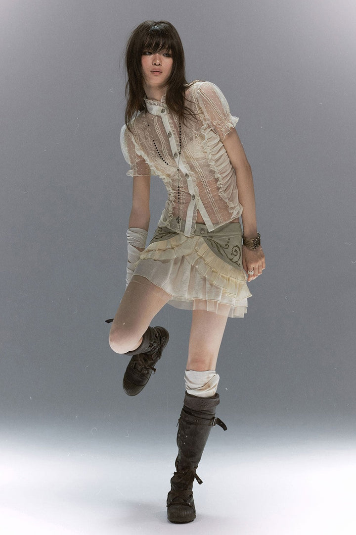 Lace-Up Tiered Studded Skirt