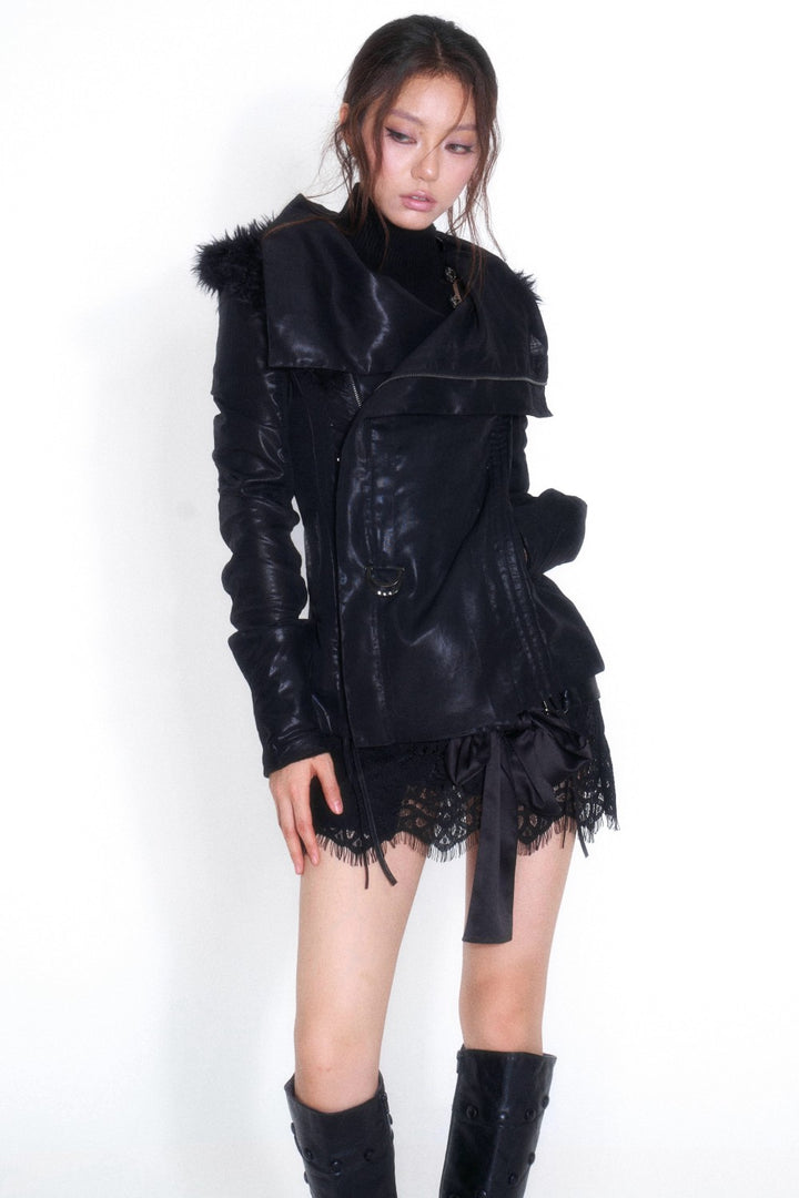 Draped Leather Collar Jacket