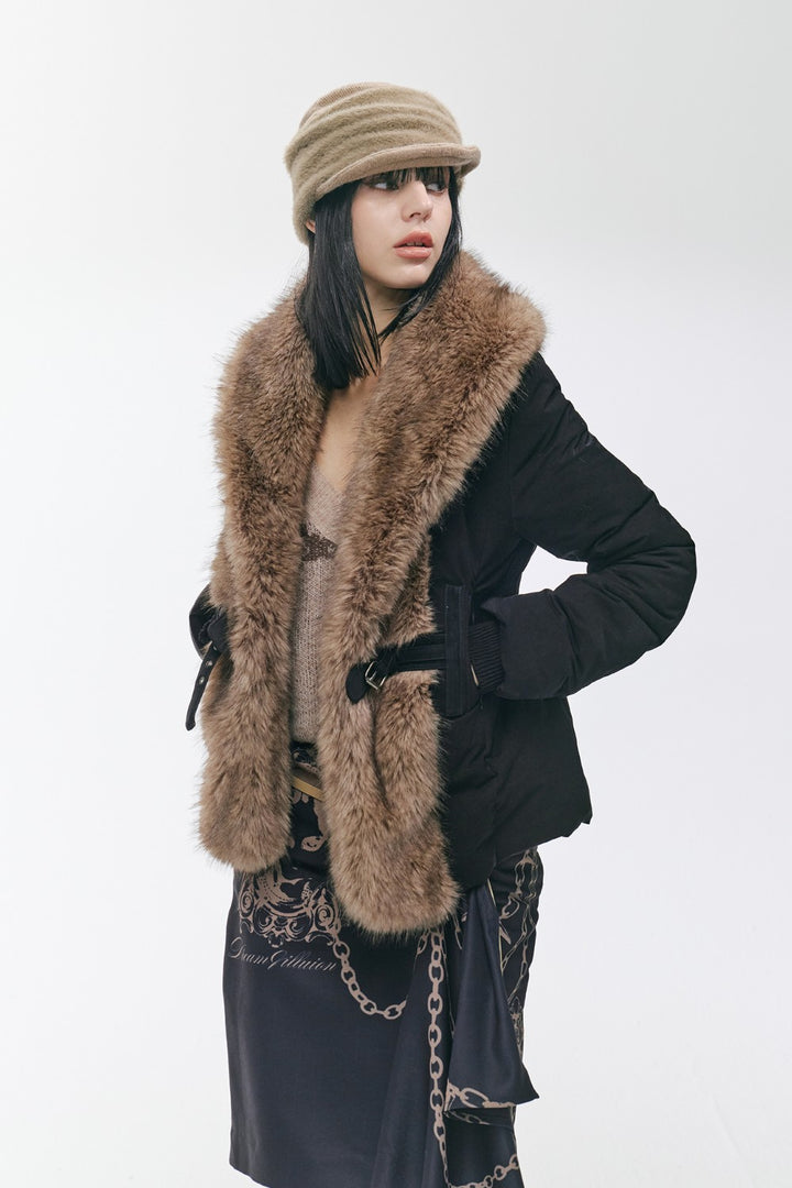 Vintage Black Fur-Cinch Coat