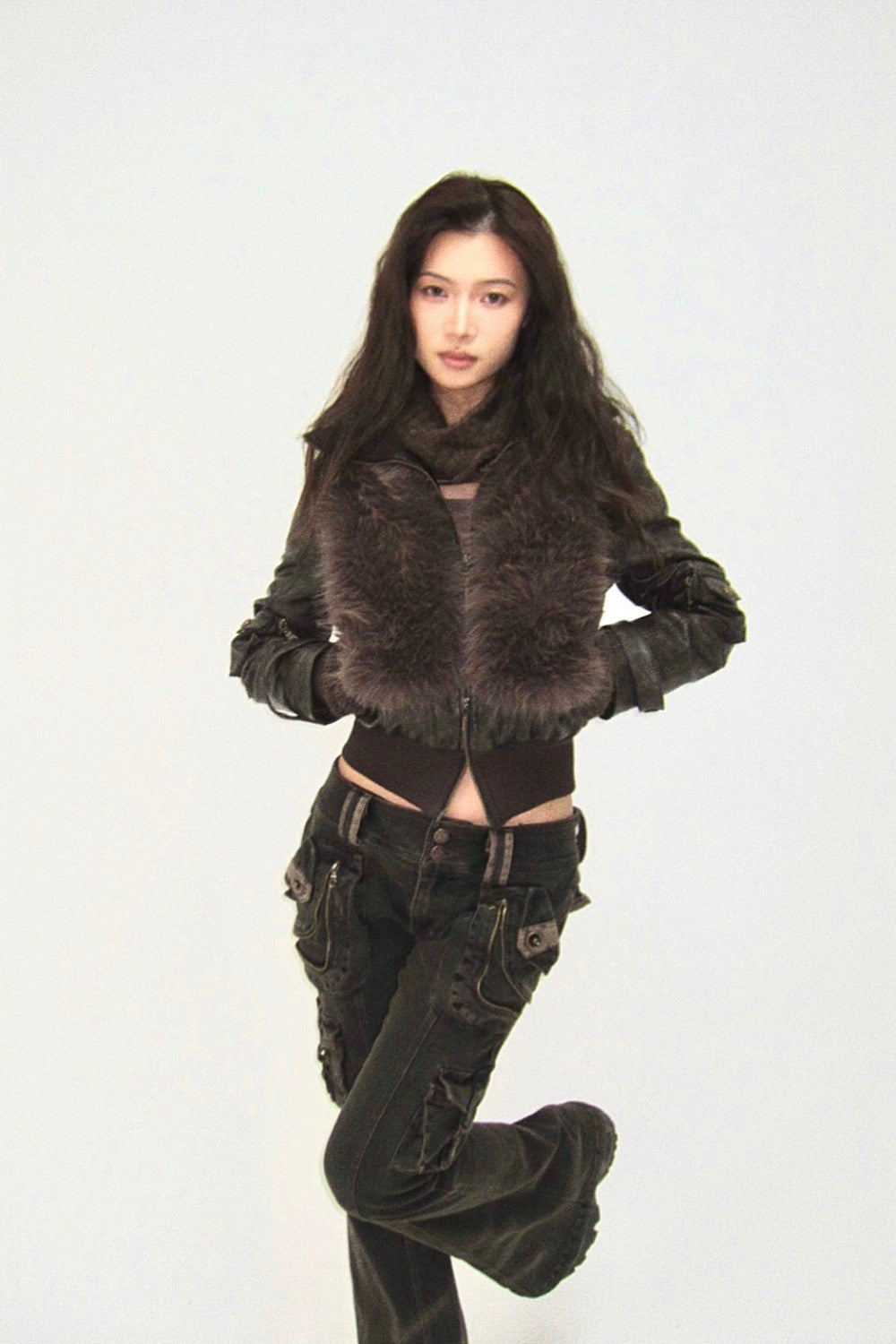 Fur Dark Leather Coat