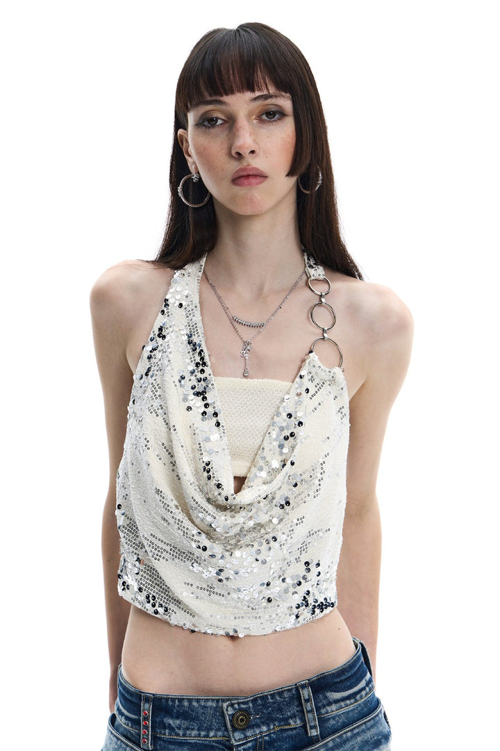 Silver Sequin Halter Top