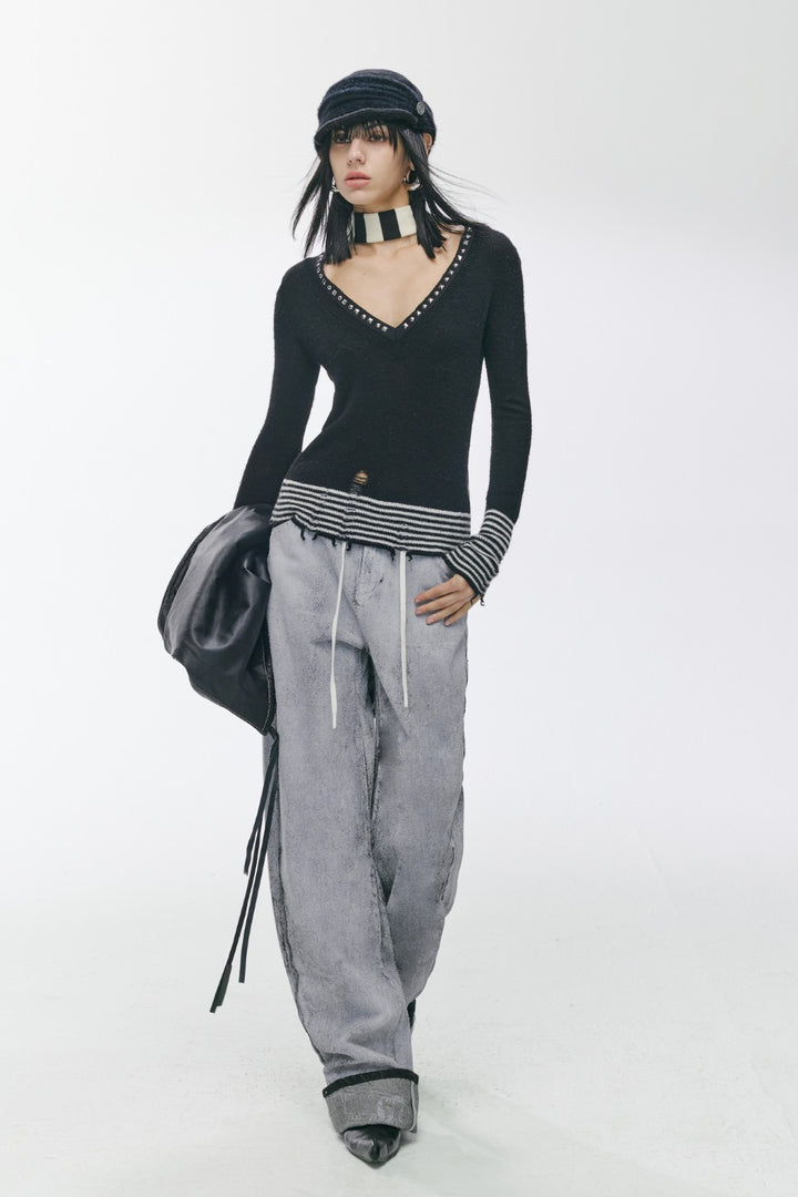 Distressed Rivet V-Neck Shirt