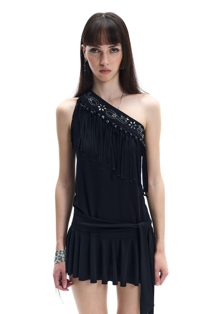 One-Shoulder Fringe Mini Dress