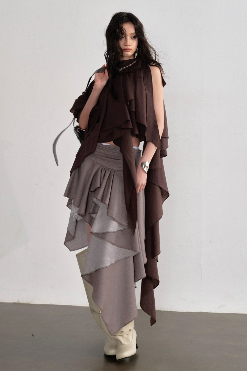 Taupe Asymmetric Cascade Skirt