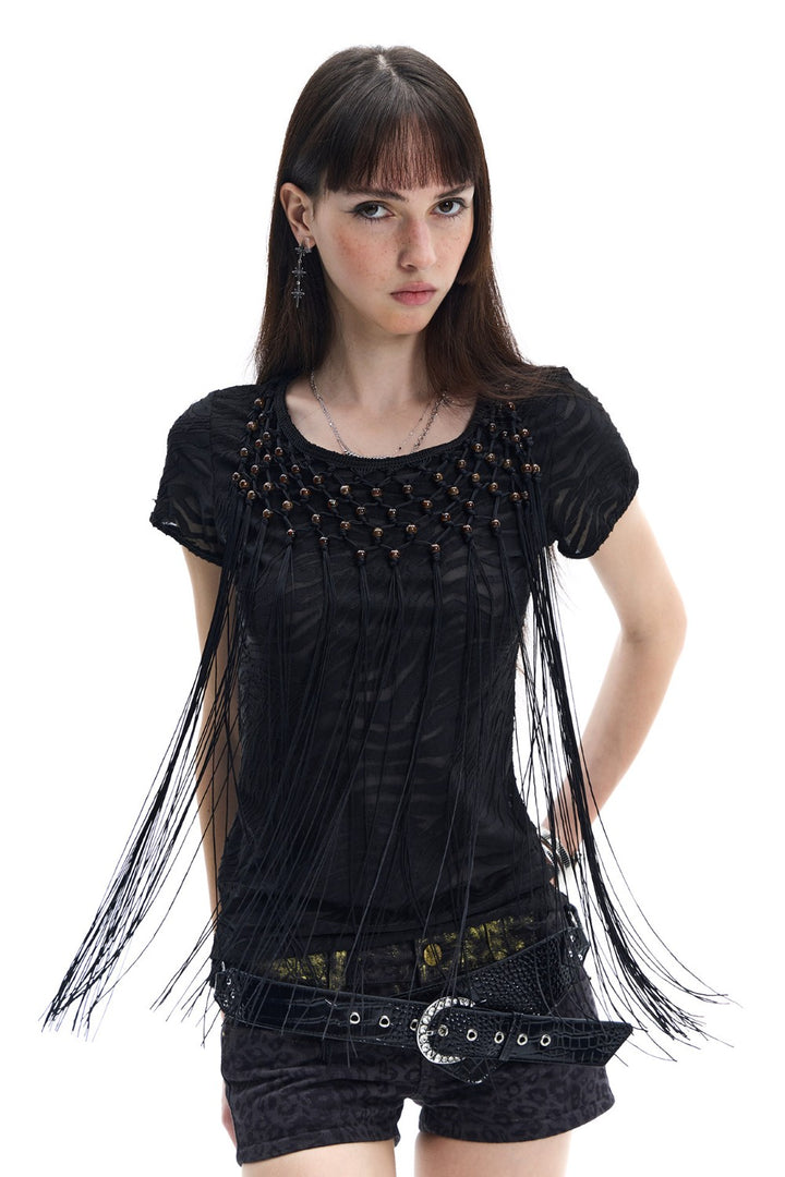 Beaded Fringe Open-Back Shirt