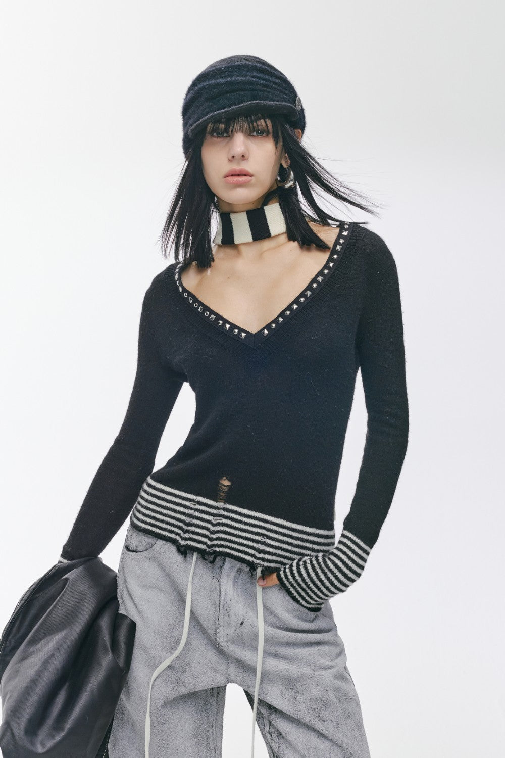 Distressed Rivet V-Neck Shirt