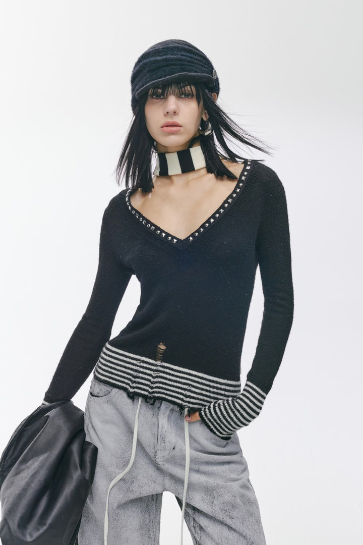 Distressed Rivet V-Neck Shirt