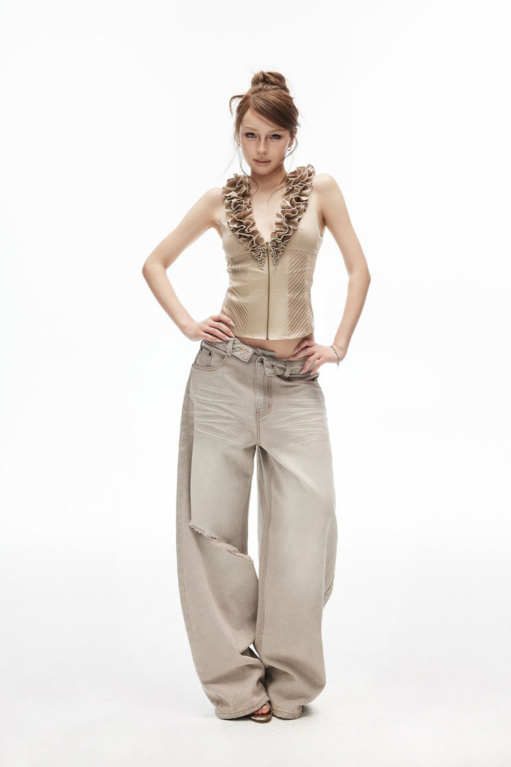 Elira Ruffle V-Neck Zip Top