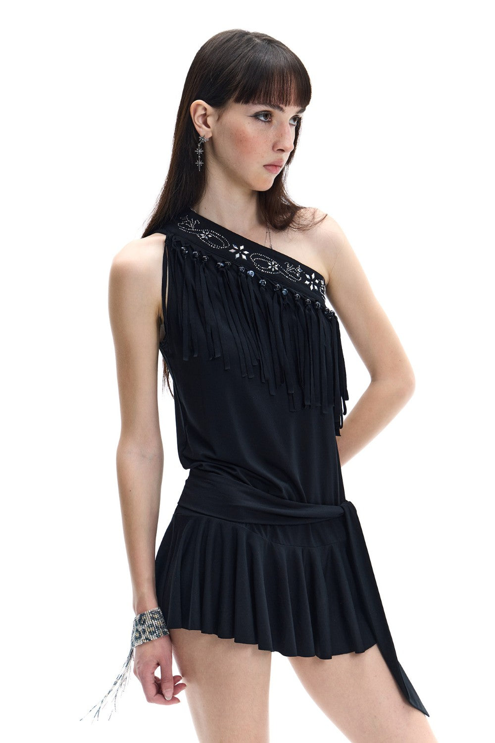 One-Shoulder Fringe Mini Dress