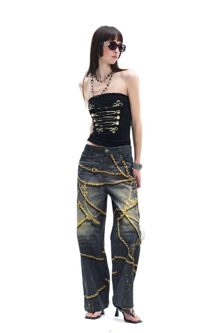 Gold Chain Straight-Leg Jeans