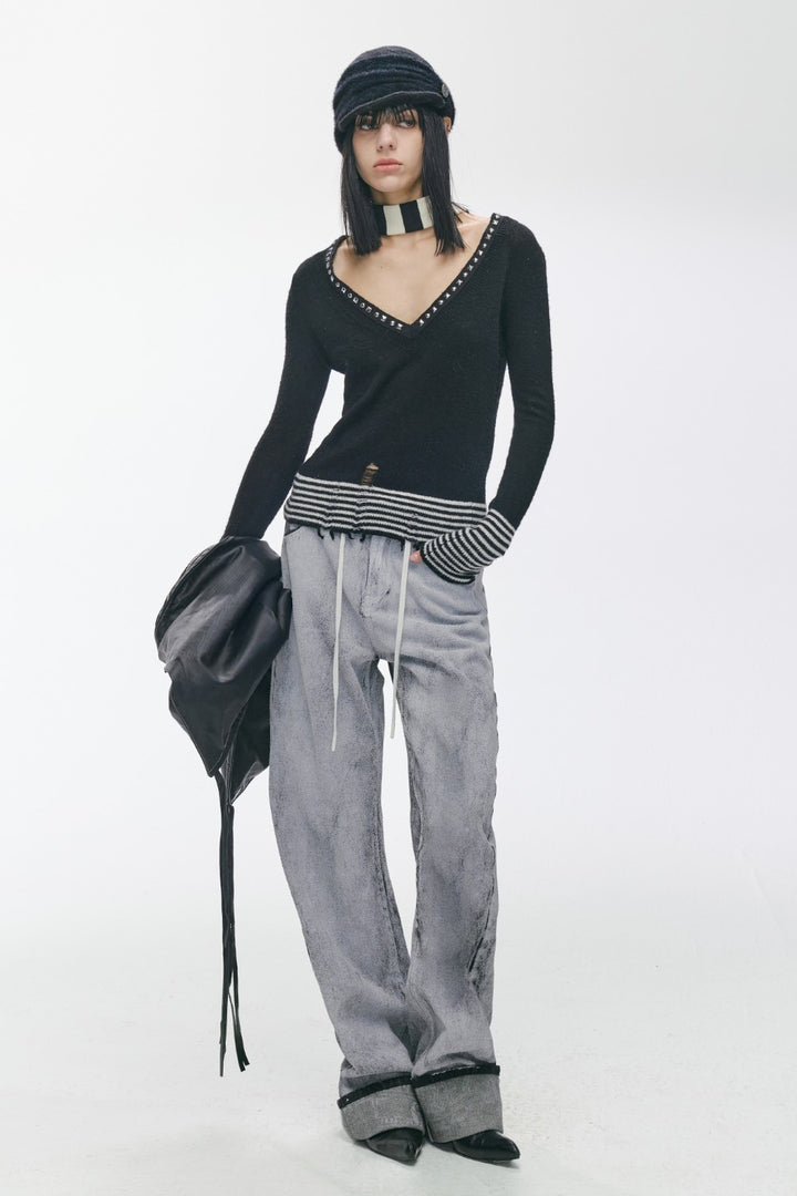 Distressed Rivet V-Neck Shirt