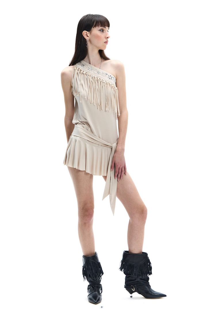 One-Shoulder Fringe Mini Dress