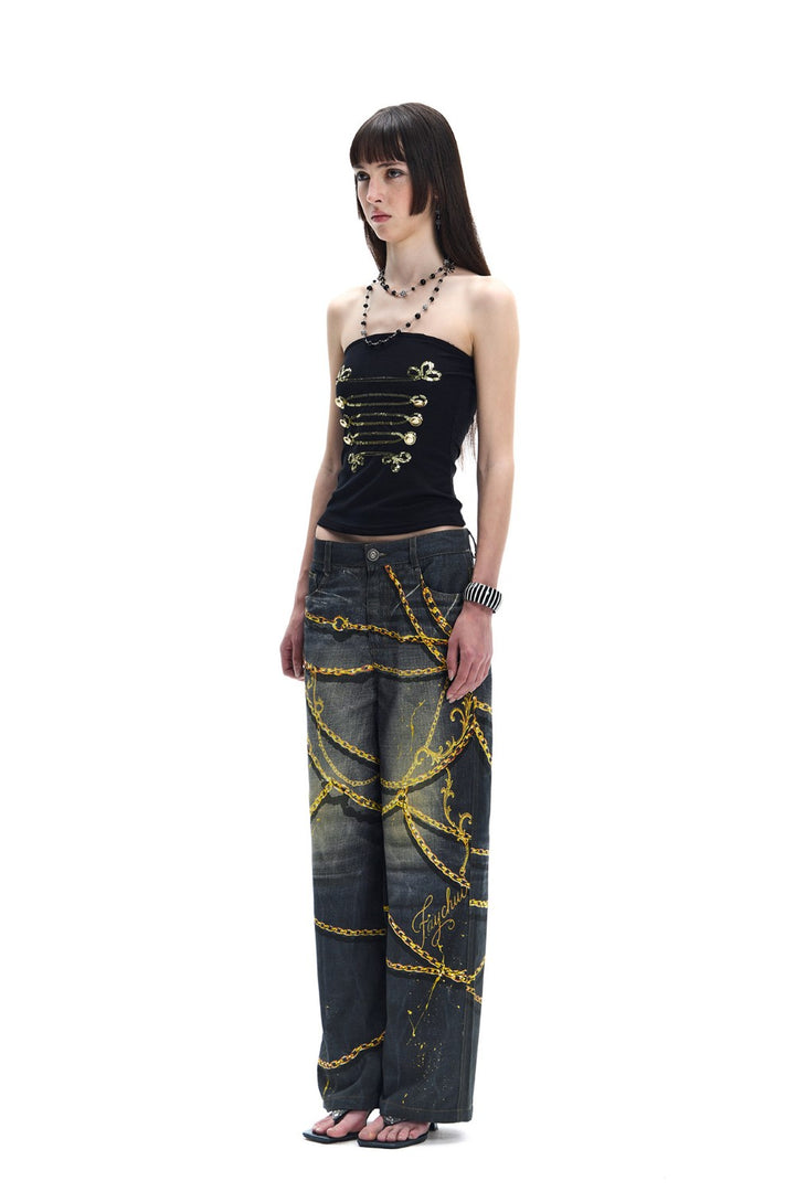 Gold Chain Straight-Leg Jeans
