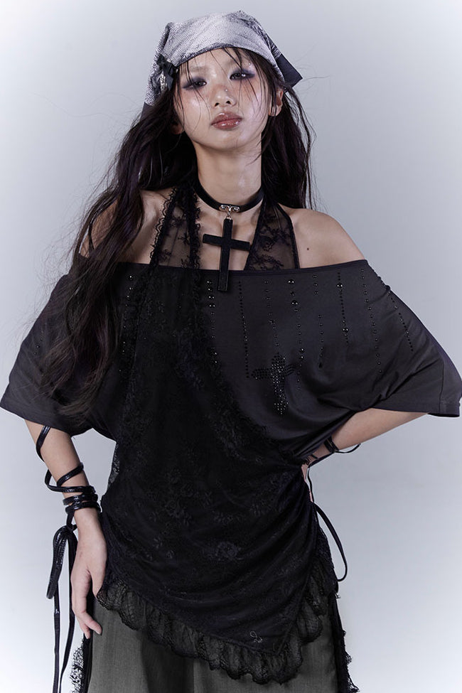 Lace Overlay Off-Shoulder Shirt