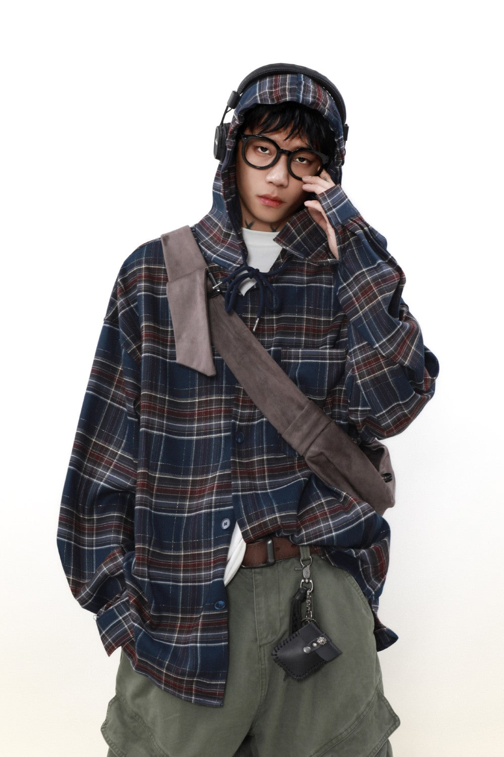 Loose Hooded Plaid Button-Up