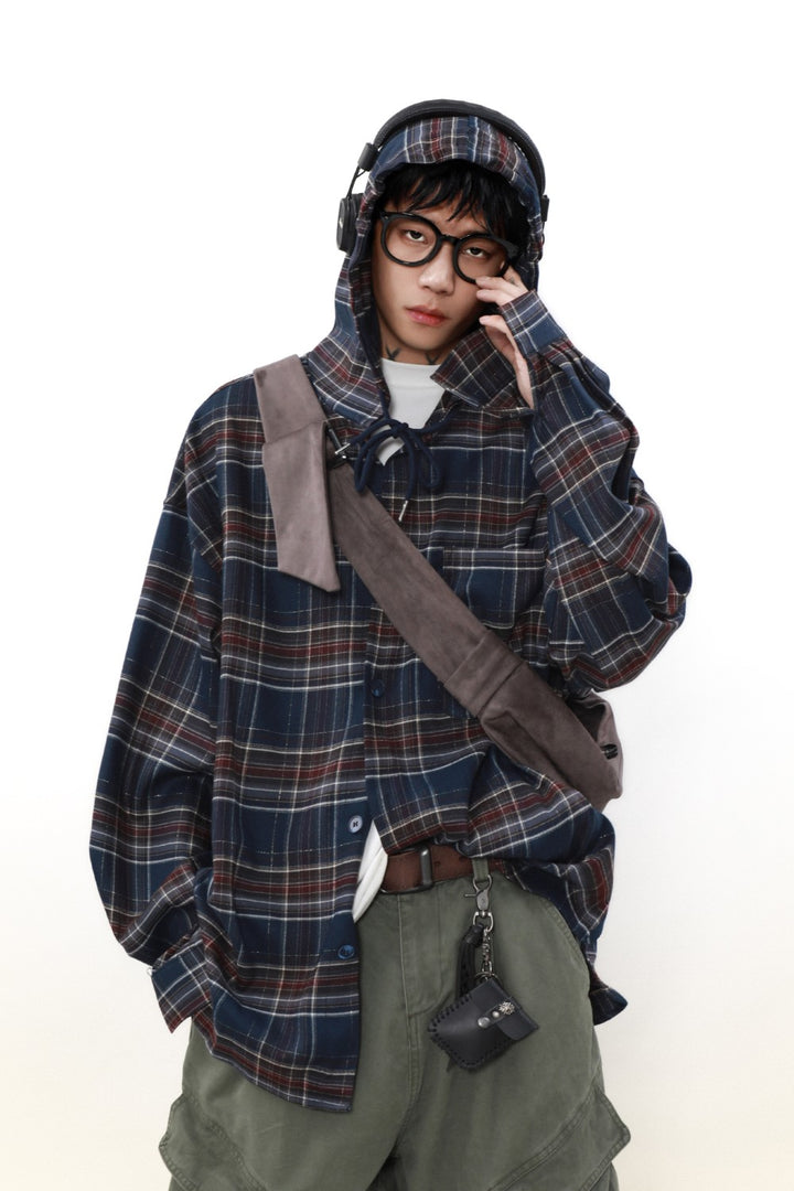 Loose Hooded Plaid Button-Up