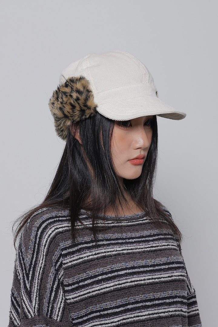Curduroy Leopard Earflap Cap
