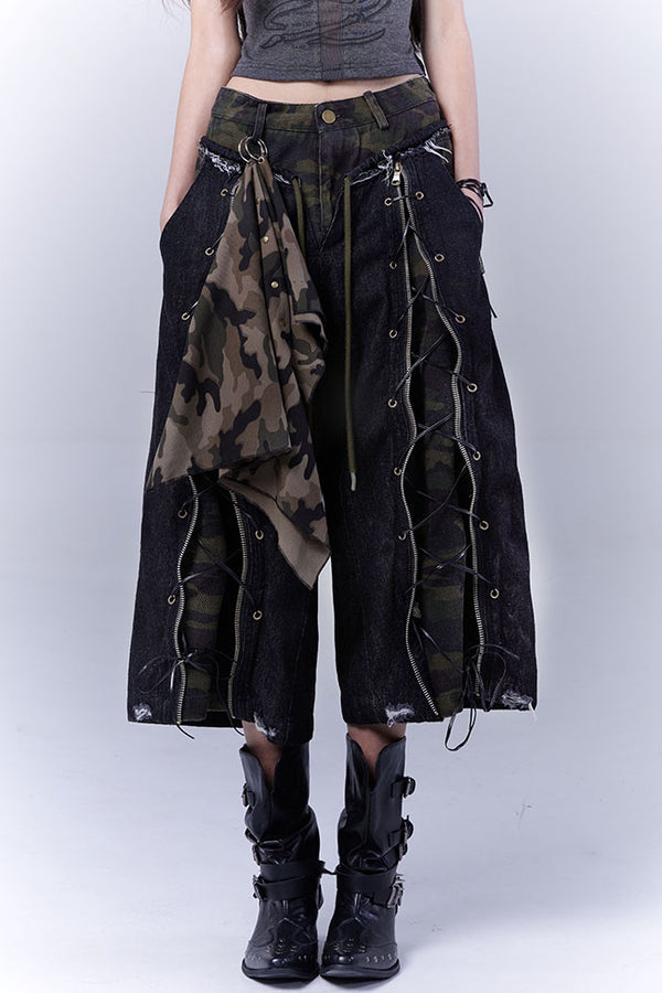 Camo Lace-Up Denim Pants