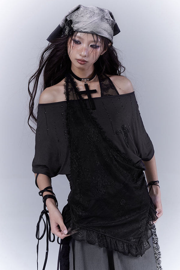 Lace Overlay Off-Shoulder Shirt