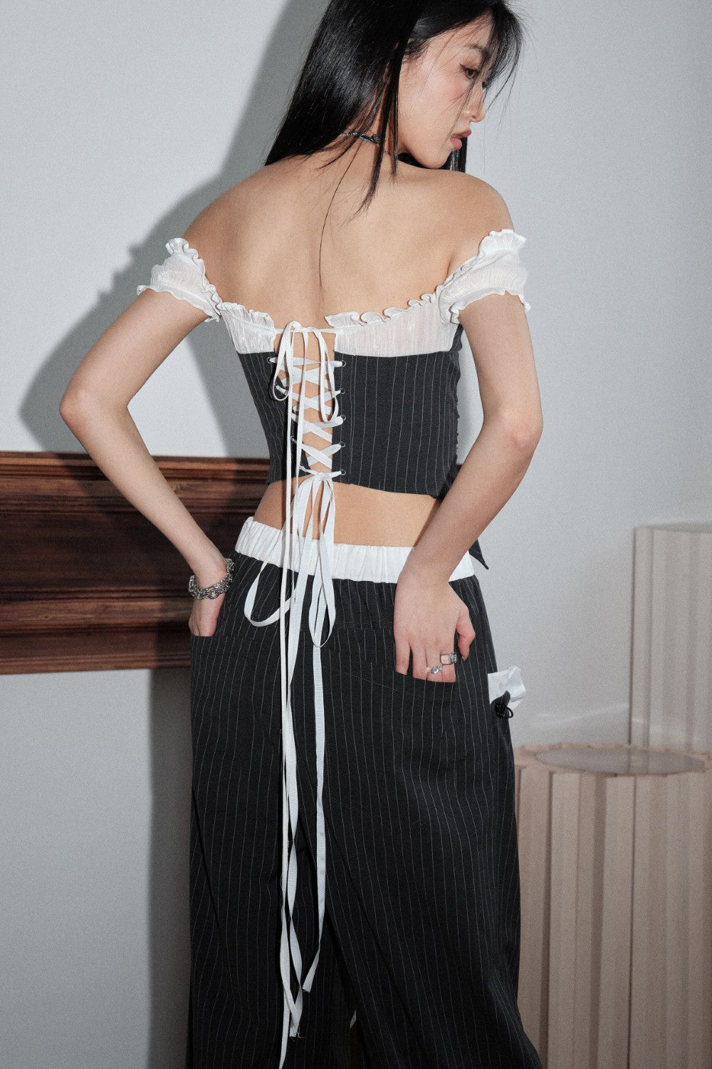 Pinstripe Ruffle Corset Top