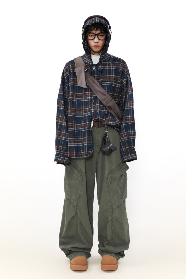 Loose Hooded Plaid Button-Up