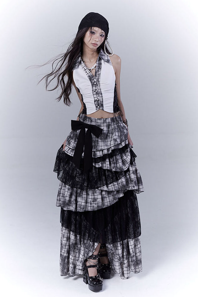 Plaid Lace Ribbon Skirt