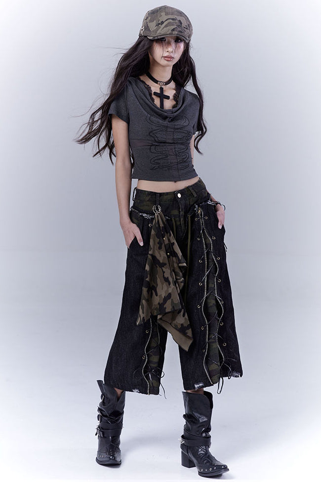 Camo Lace-Up Denim Pants