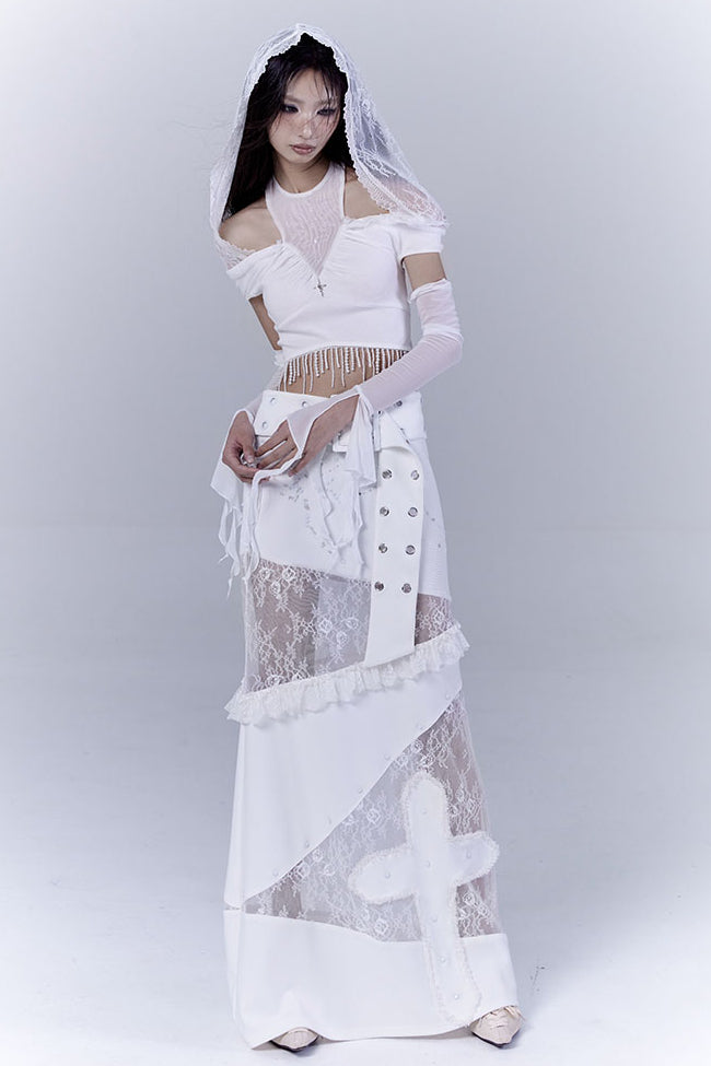 White Lace Belted Cross Skirt S