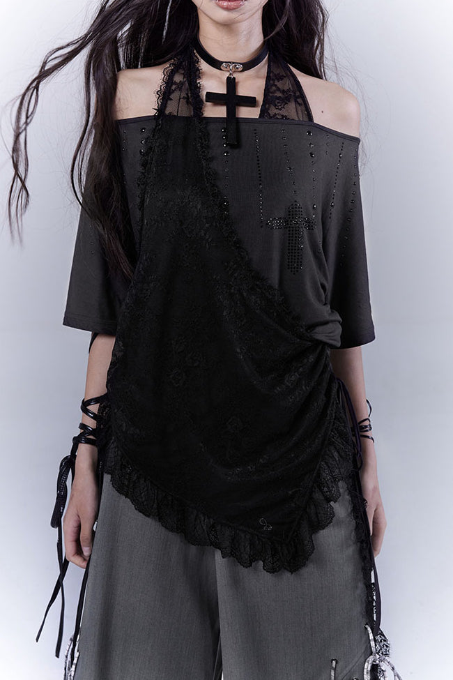 Lace Overlay Off-Shoulder Shirt