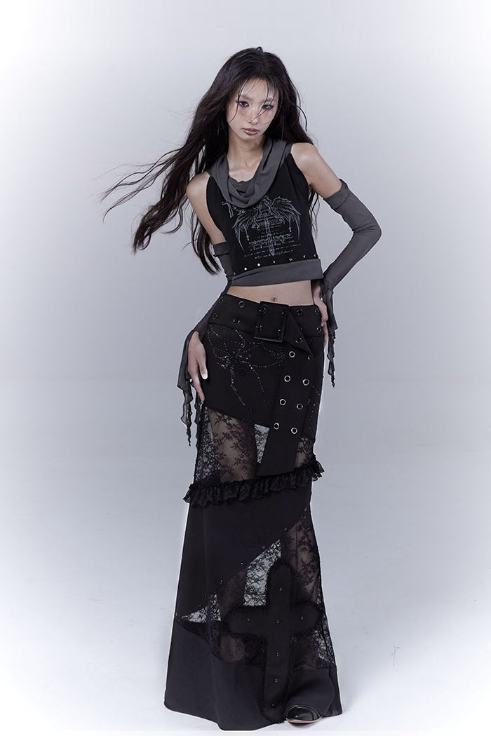 Black Lace Belted Cross Skirt