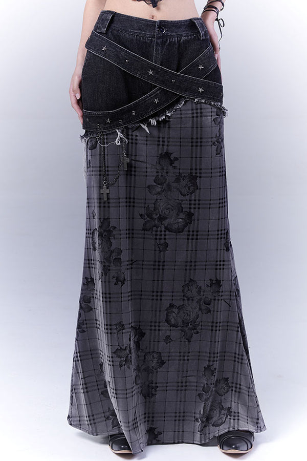 Plaid Rose Denim Skirt