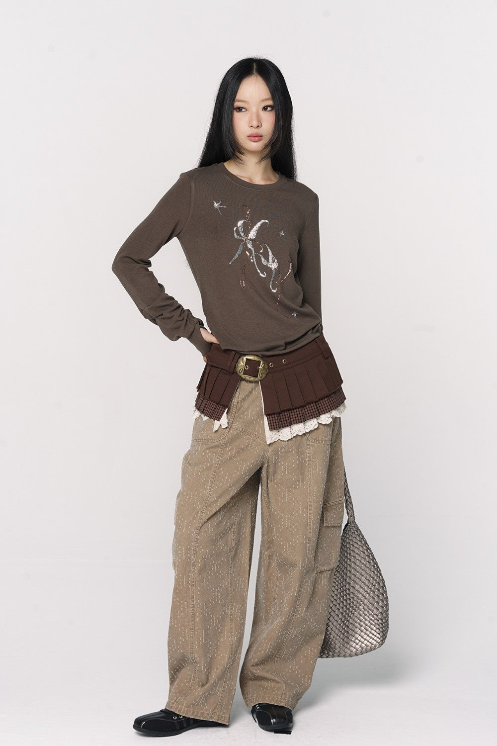 Brown Pleat Overlay Skirt