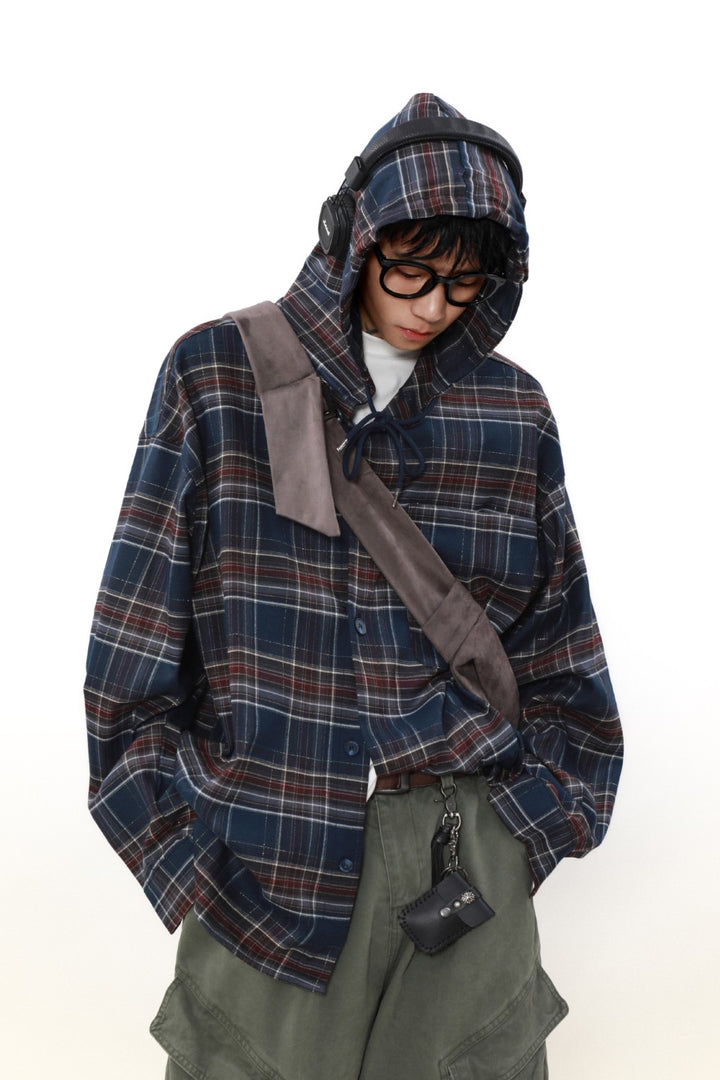 Loose Hooded Plaid Button-Up
