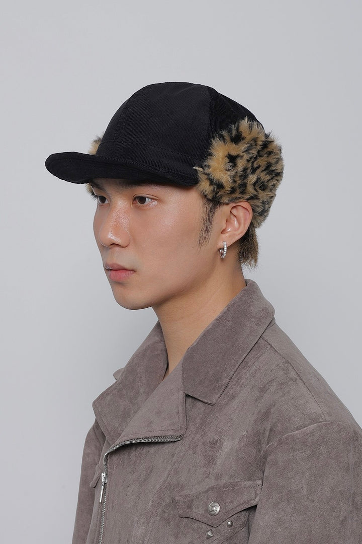 Curduroy Leopard Earflap Cap