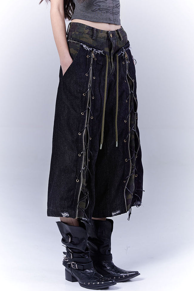 Camo Lace-Up Denim Pants