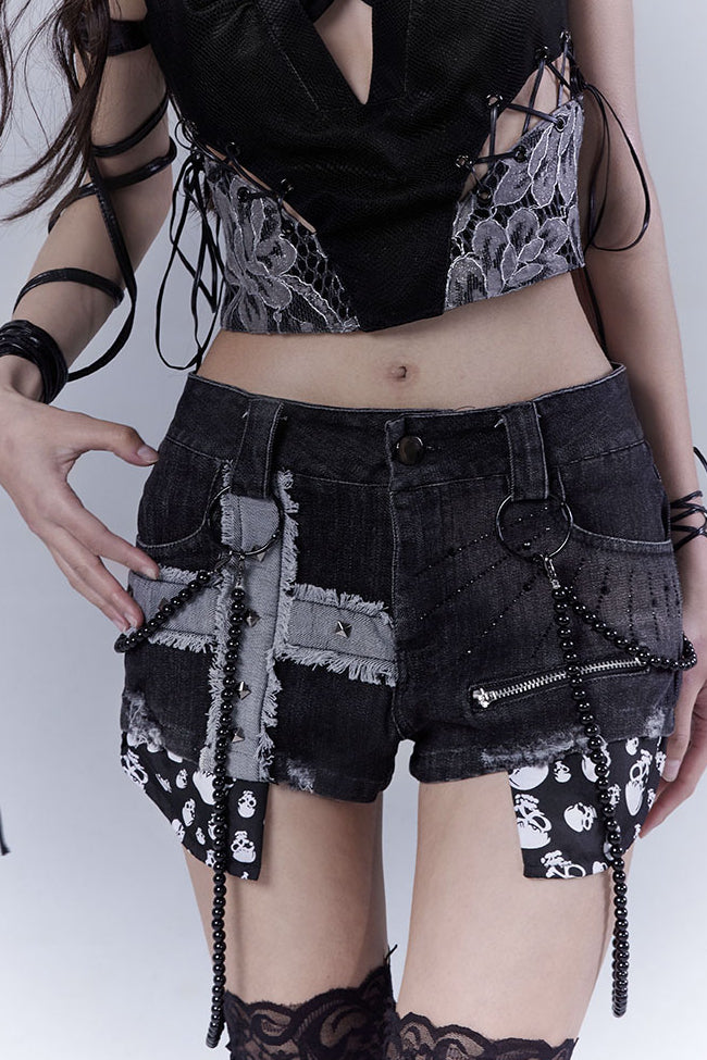 Studded Skull Denim Shorts