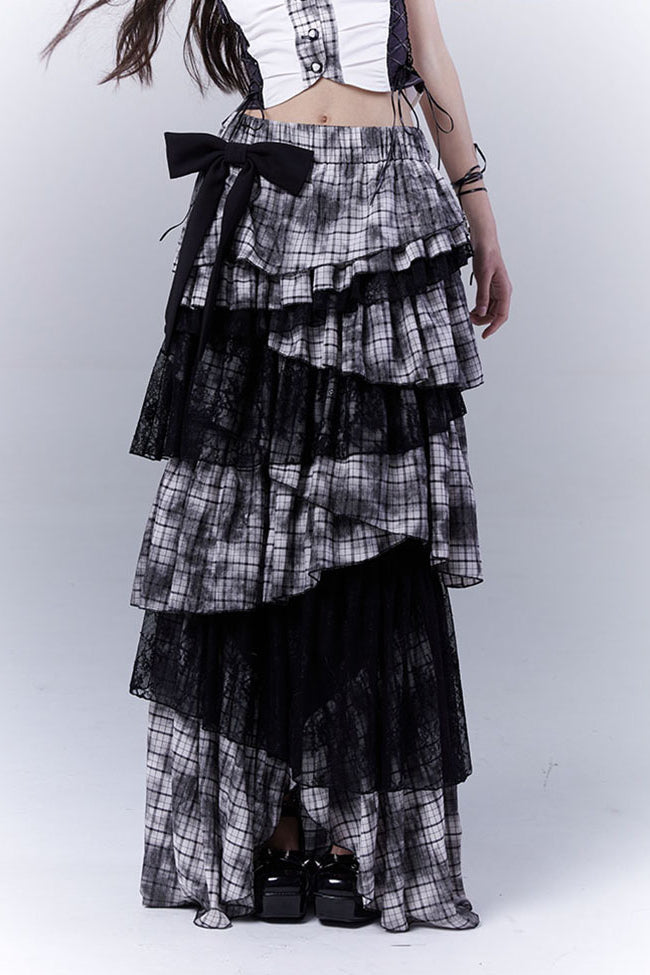 Plaid Lace Ribbon Skirt