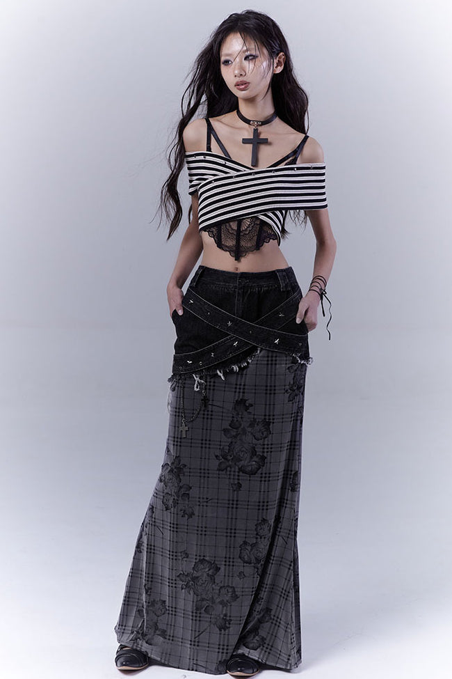 Plaid Rose Denim Skirt