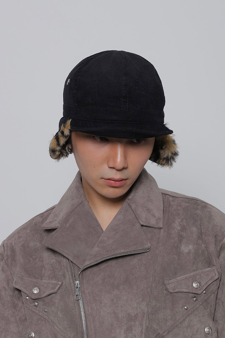 Curduroy Leopard Earflap Cap