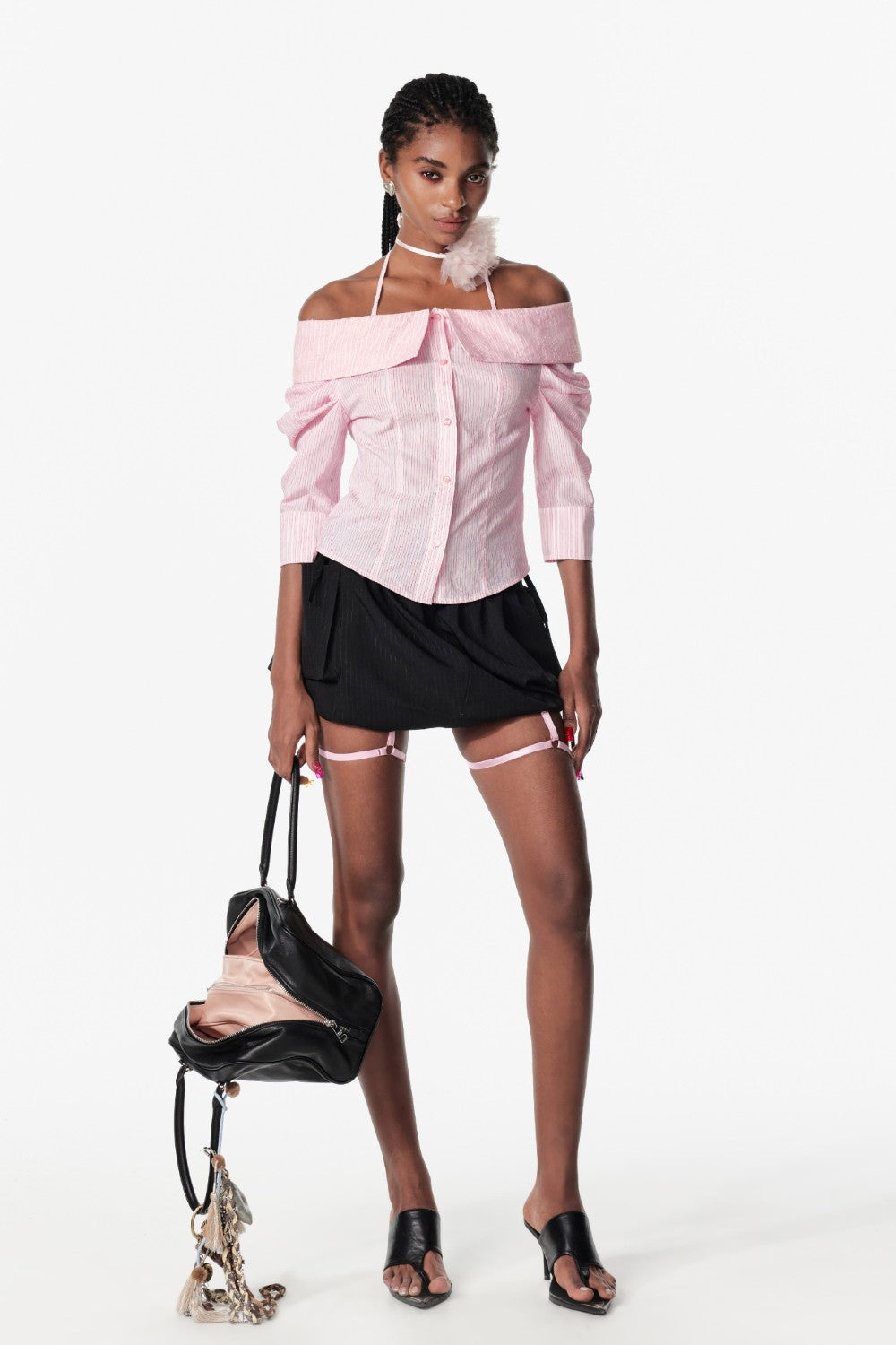 Off-Shoulder Pinstripe Blouse