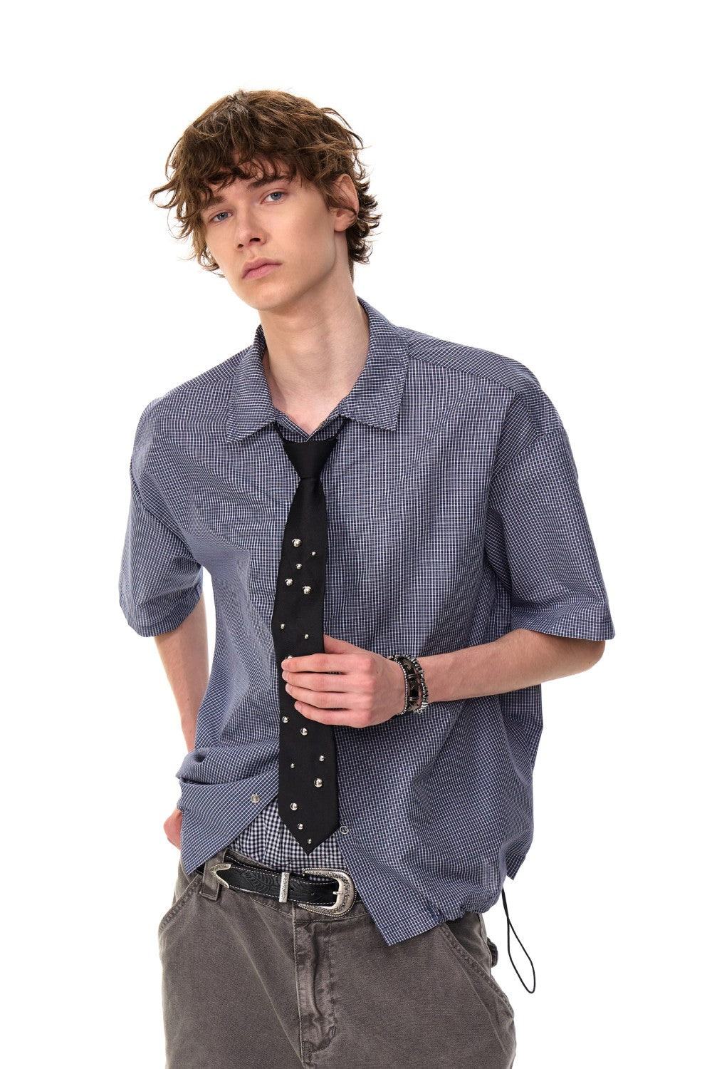 Blue Grid Button-Up