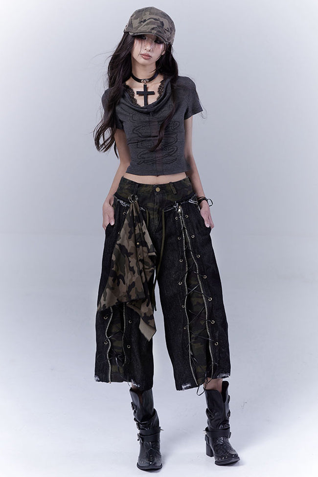 Camo Lace-Up Denim Pants