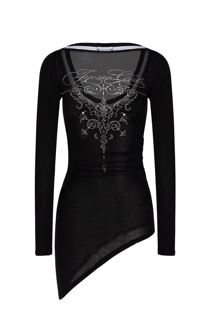 Rhinestone Sheer V-Neck Shirt