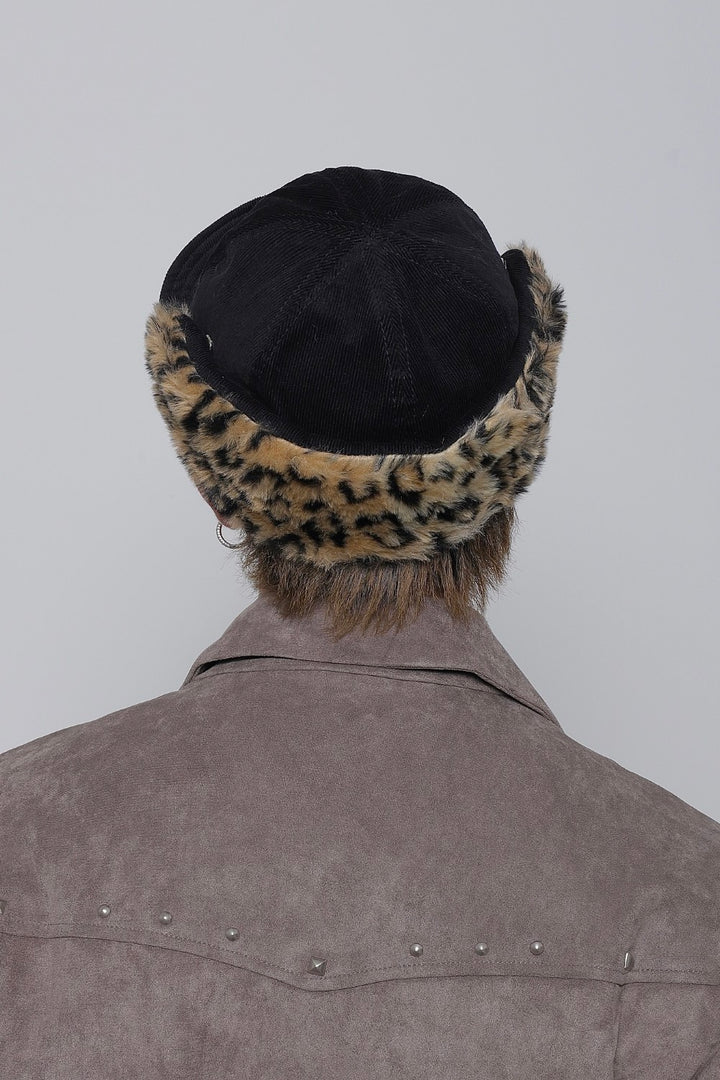 Curduroy Leopard Earflap Cap
