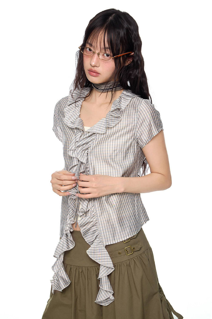 Fitted Ruffle Check Top