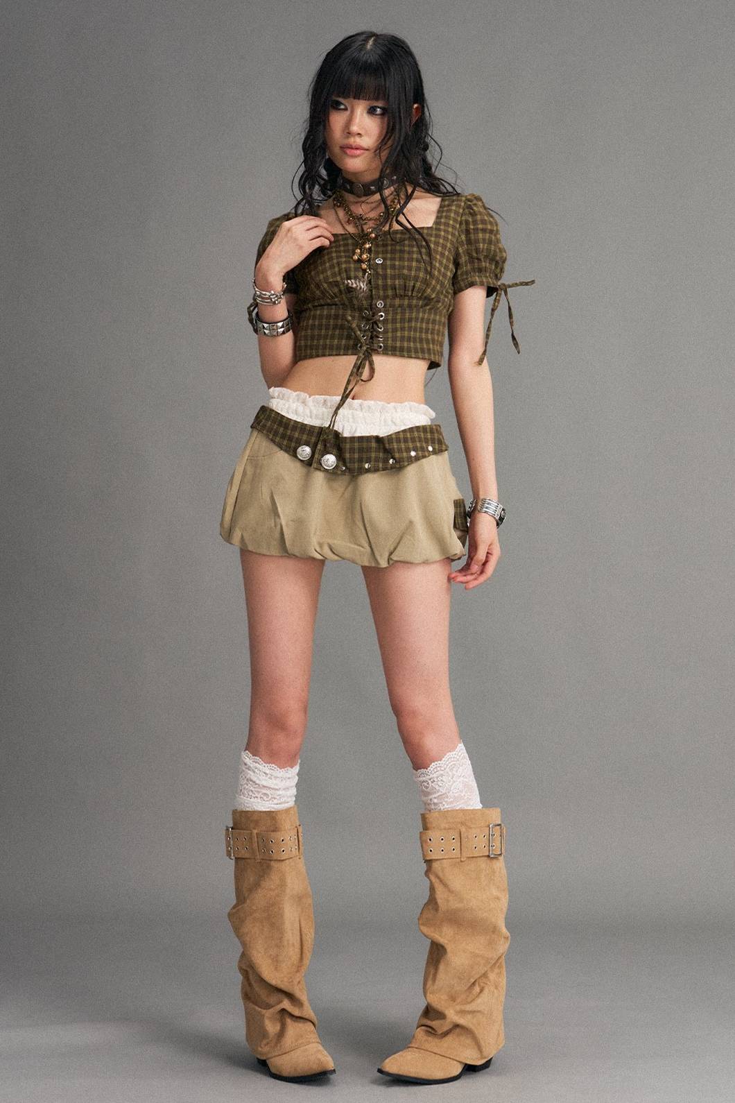 Plaid Waist Bubble Skirt