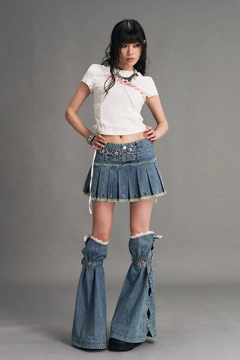 Pleated Denim Mini Skirt