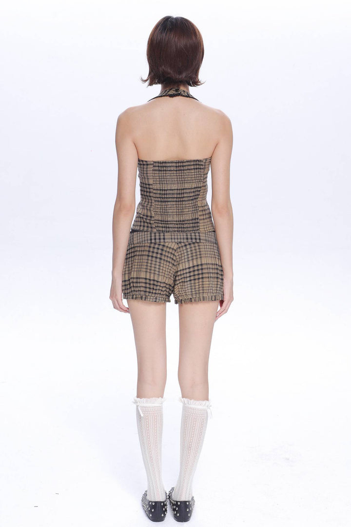 Camel Plaid Mini Shorts