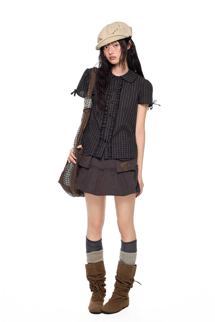 Plaid Bow Sleeve Blouse