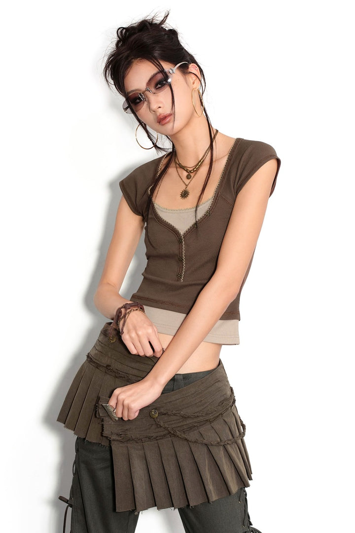 Olive Pleated Wrap Skirt
